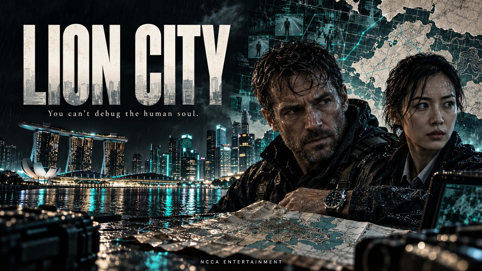 LION CITY key art: an American agent and a Singaporean inspector over a paper map, rain-soaked Singapore skyline behind them