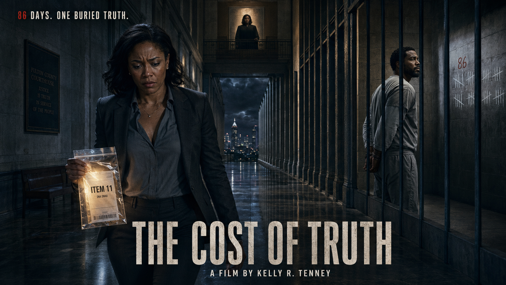 The Cost of Truth poster featuring a prosecutor and a defendant in a courthouse