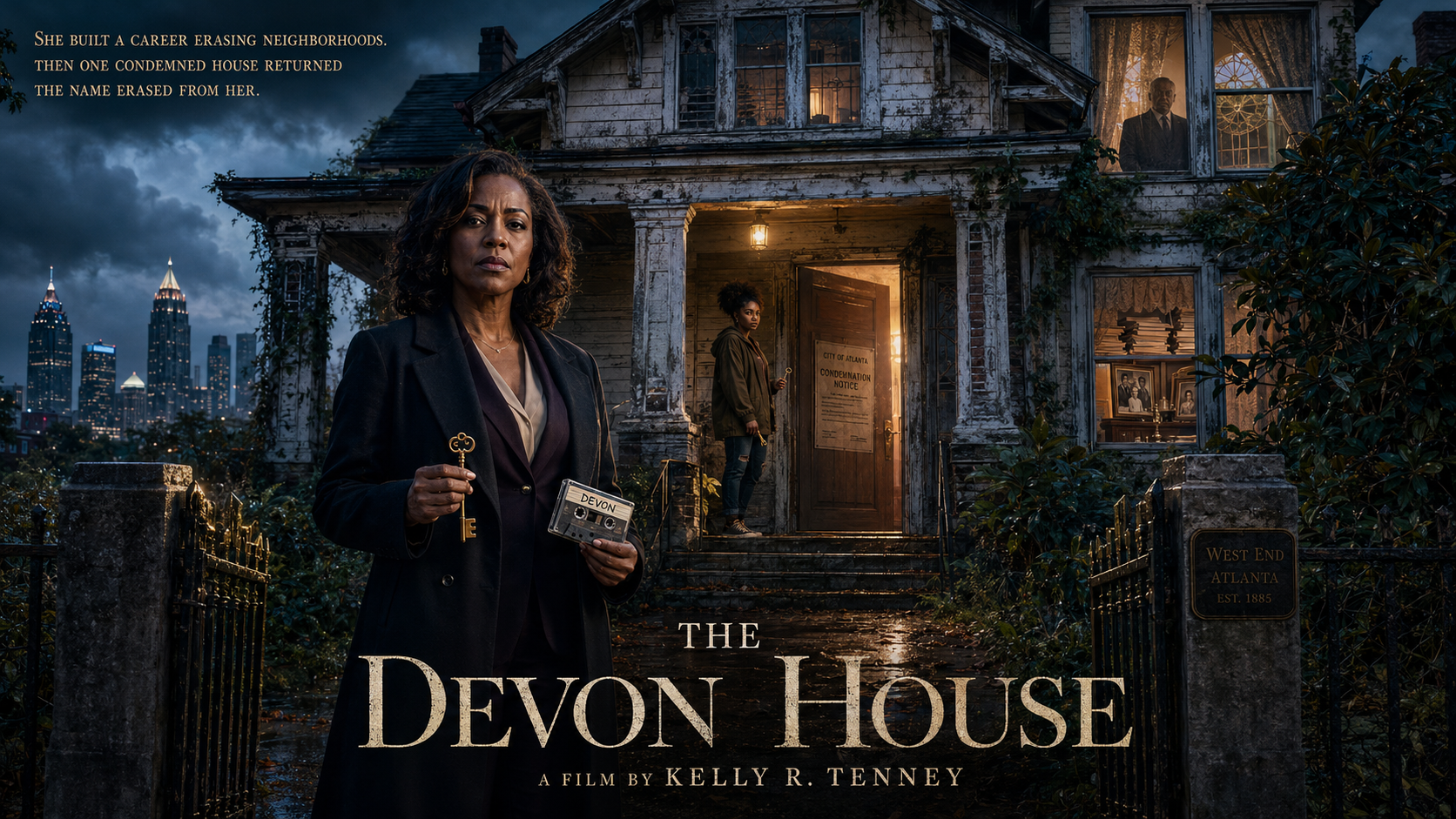 The Devon House poster featuring an attorney before a decaying Atlanta home